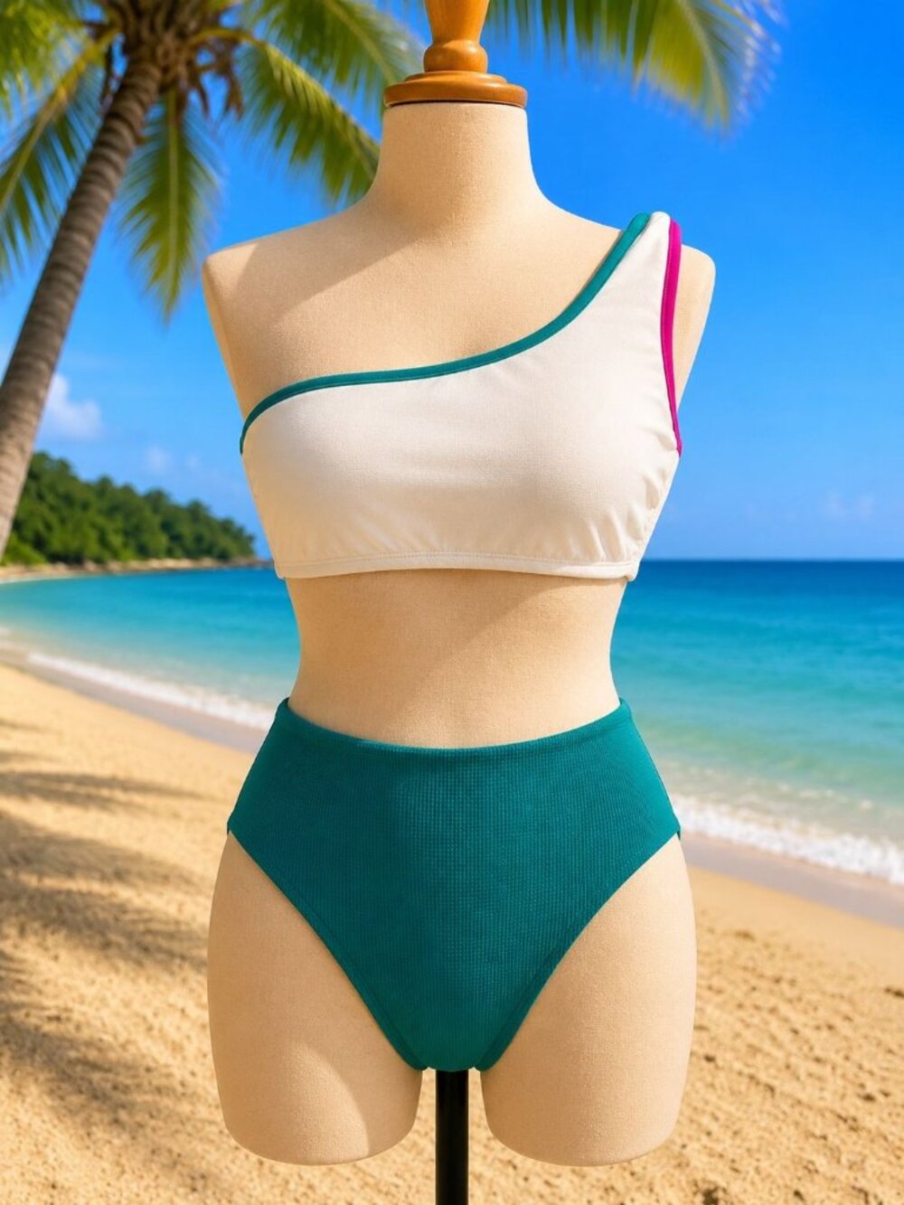 Shade & Shore XS One-Shoulder Bikini Set White & Teal High Waist High Leg  NEW